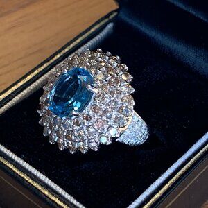 3.25 ct London Blue Topaz 2.15 ctw Diamond Huge 14K Gold Ring Sz 7 New Old Stock